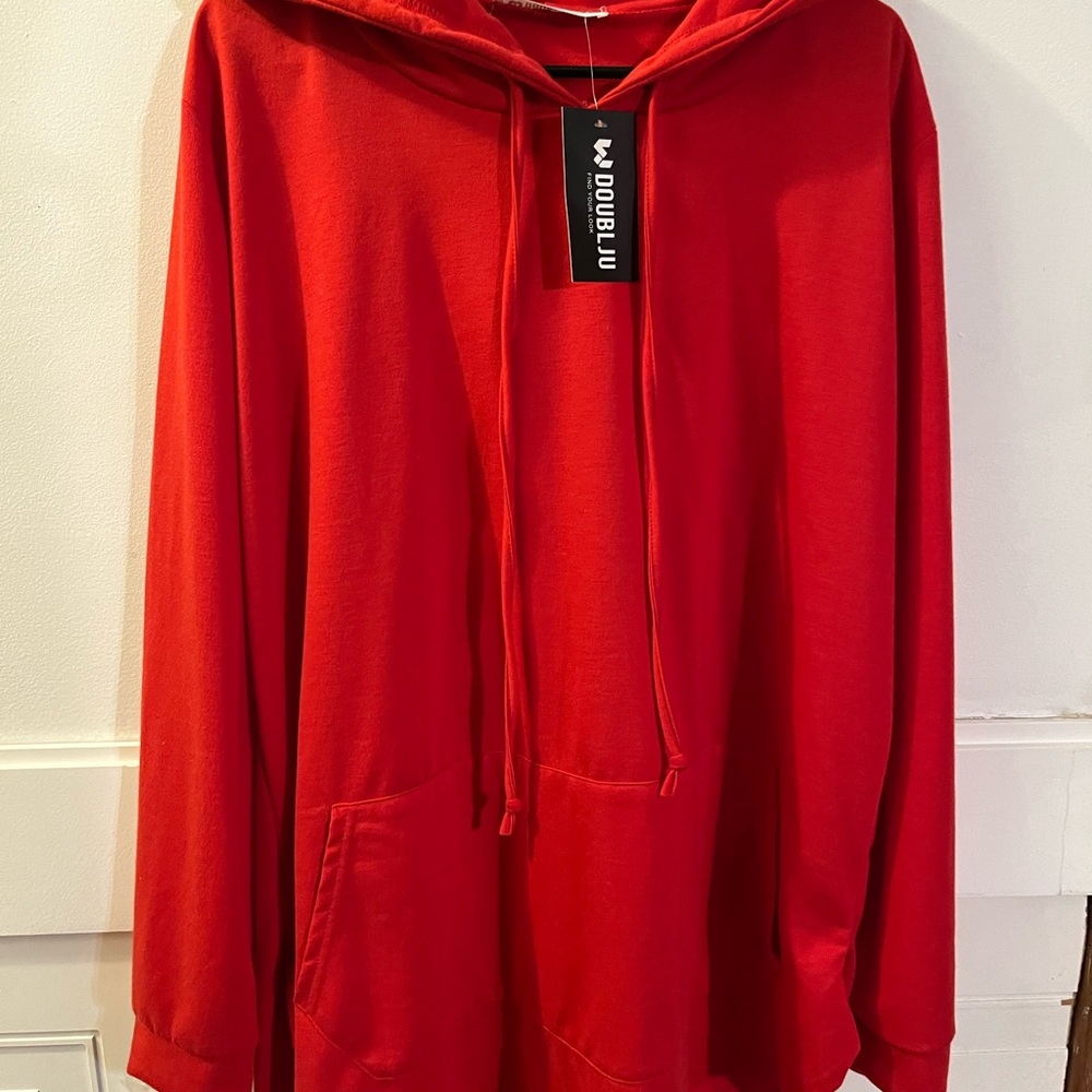 Doublju Bright Red Pullover Hoodie with Kangaroo Pocket